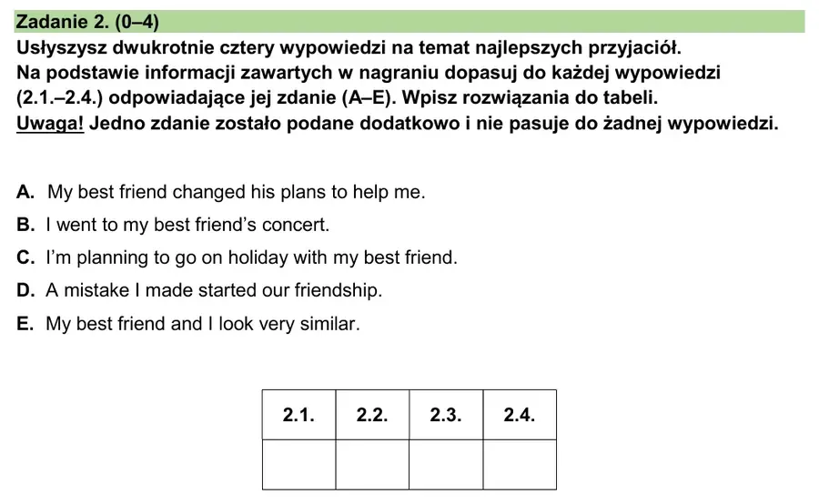 Zadanie 2 z egzaminu ósmoklasisty z języka angielskiego
